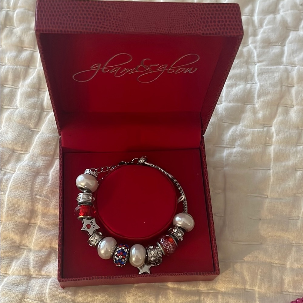 Silver and Red Beaded Charm Bracelet